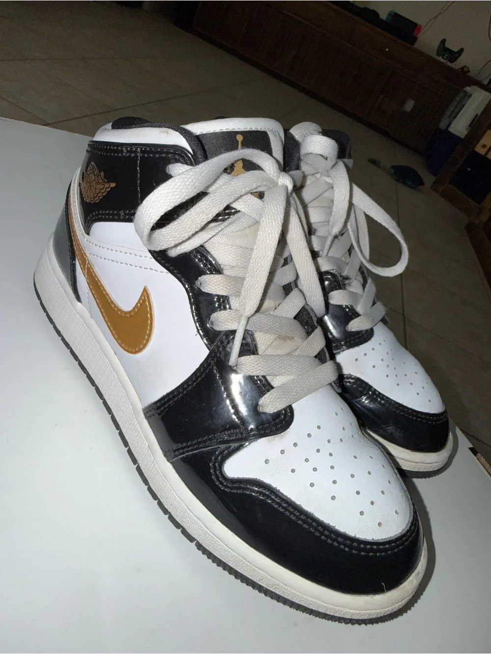Nike High-Top Sneakers in White, Black & Gold